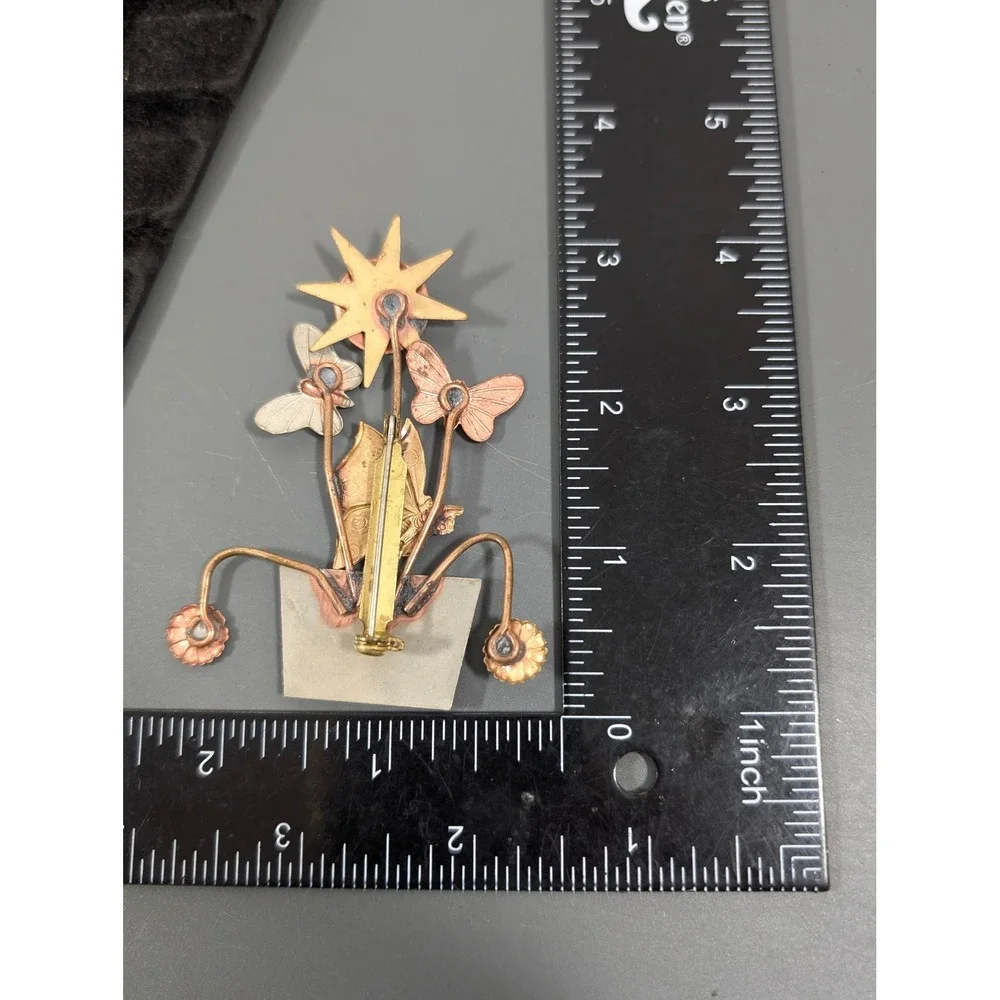 Vintage‎ Artisan Sun Sunflower Butterfly Brooch Mixed Metal